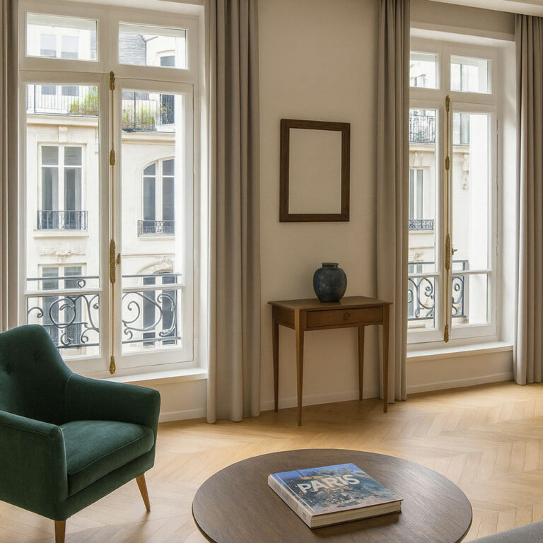 Fenêtres haussmanniennes blanches avec garde-corps en fer forgé dans un salon parisien rénové