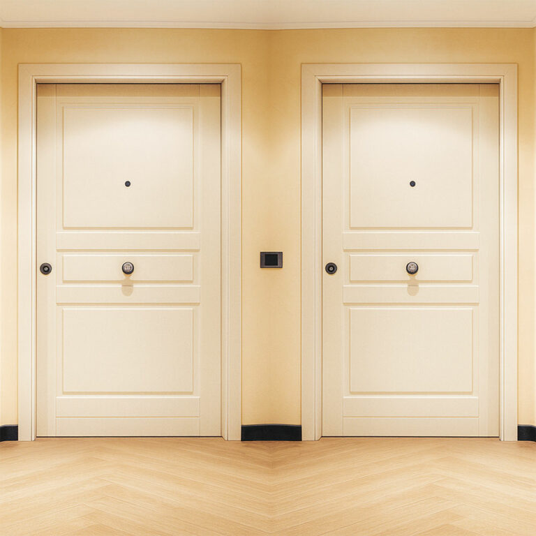 Deux portes blindées haussmanniennes blanches installées dans un immeuble parisien avec parquet en chêne clair